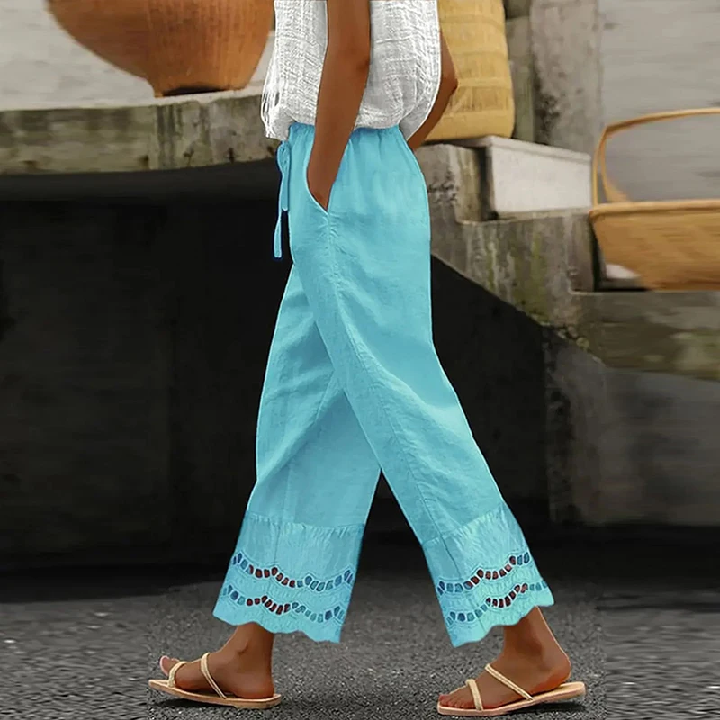 

Simple High Street Pocket Loose Trousers Casual Lace Patchwork Women's Long Pants Summer Lace Up Elastic Waist Solid Color Pants