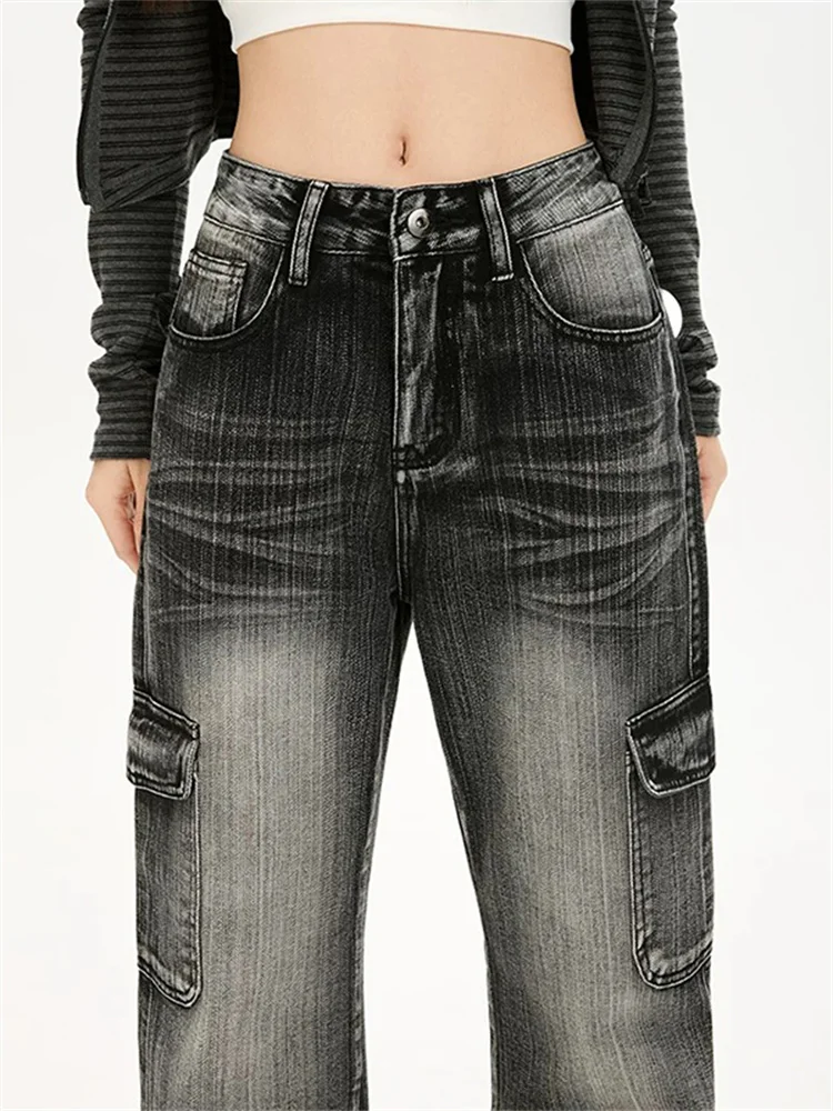 Black Gray Textured Flare Cargo Jeans for Women Autumn Sweetheart New Loose Non Stick Bell Bottoms view 5
