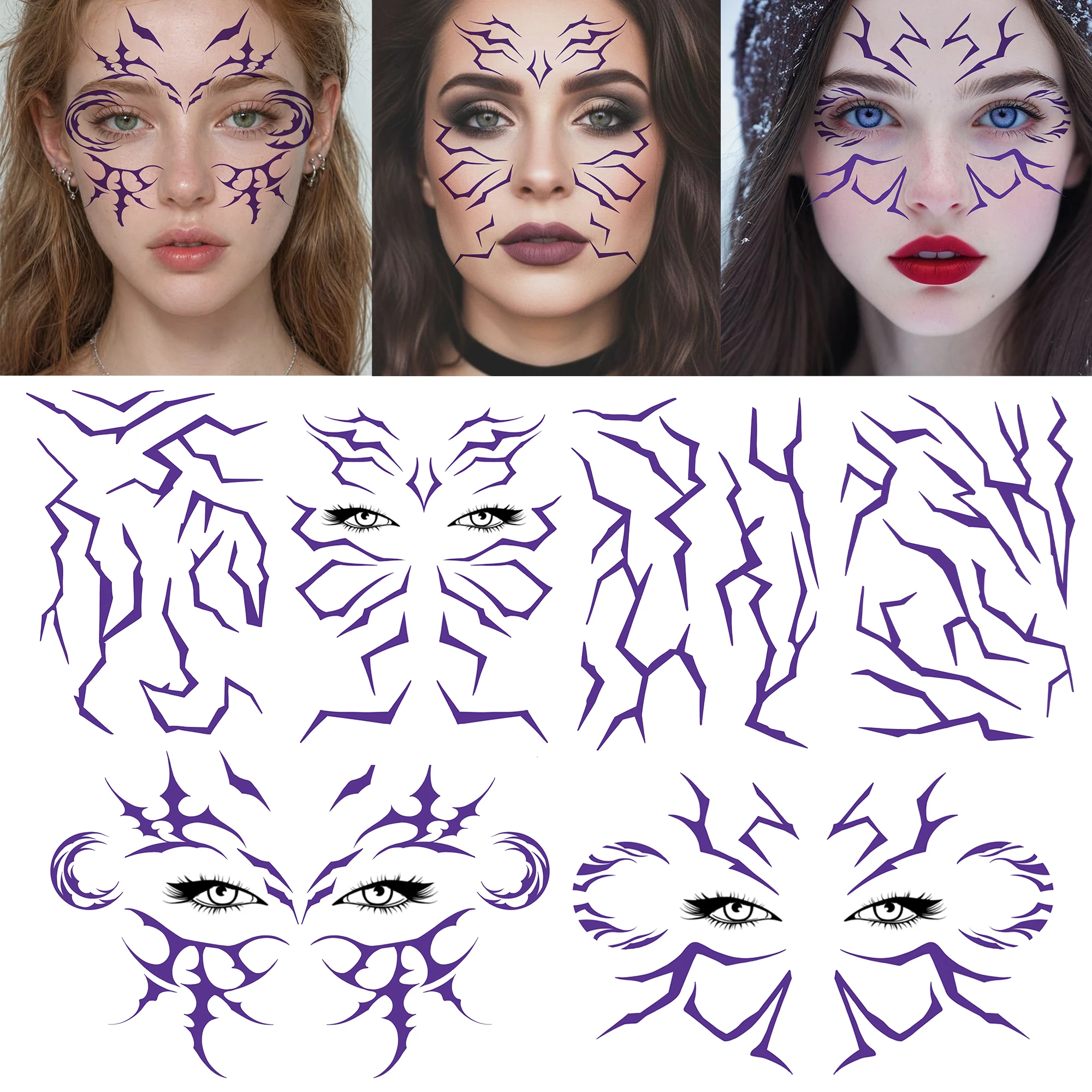 6 Sheets Halloween Purple Lightning Kpop Temp Tattoos For Face Makeup, Realistic 3D Crack Durable Waterproof Fake Tattoo Sticker