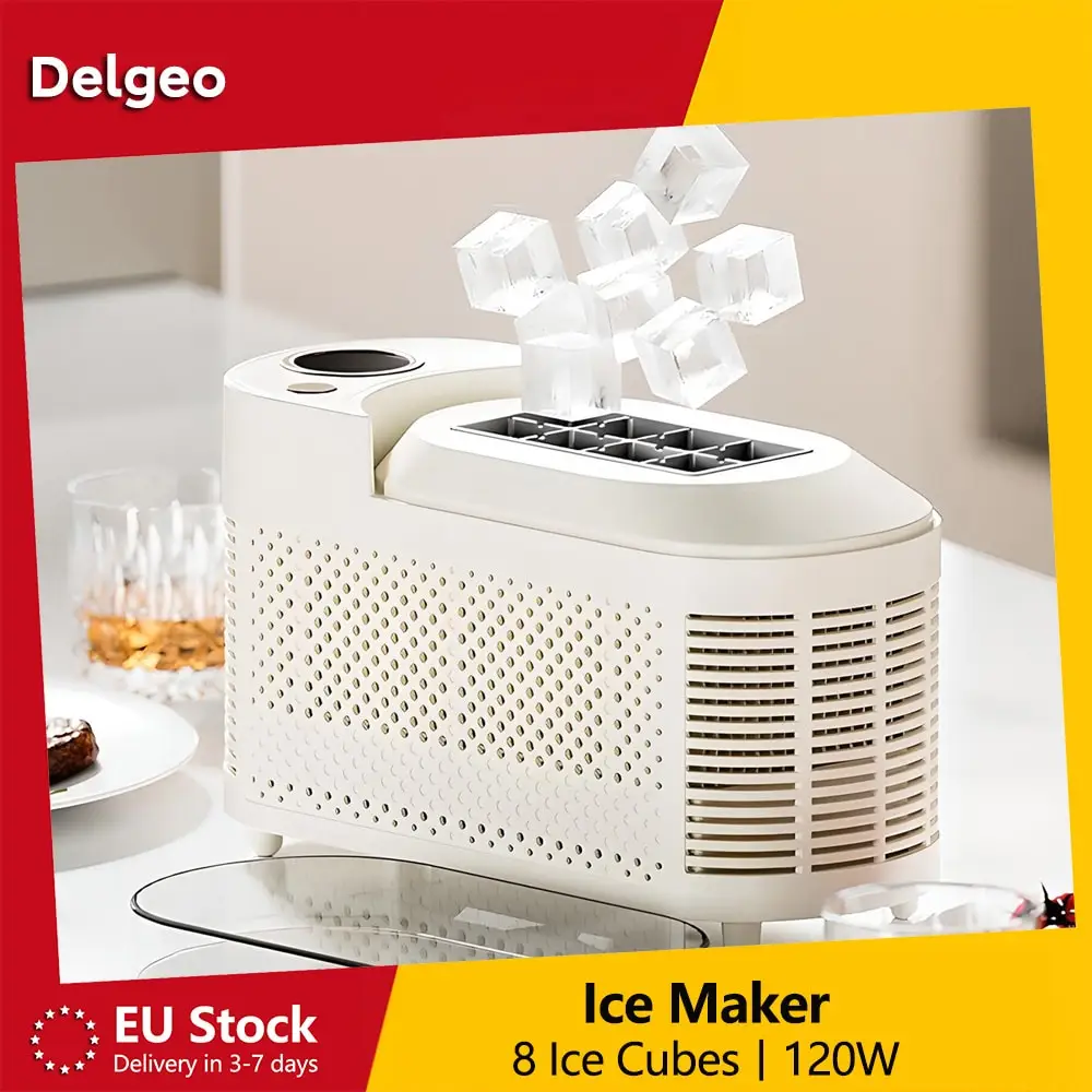 Delgeo, macchina portatile per la produzione di cubetti di ghiaccio, modello 120W, ideale per l’uso domestico, in ufficio o in campeggio.