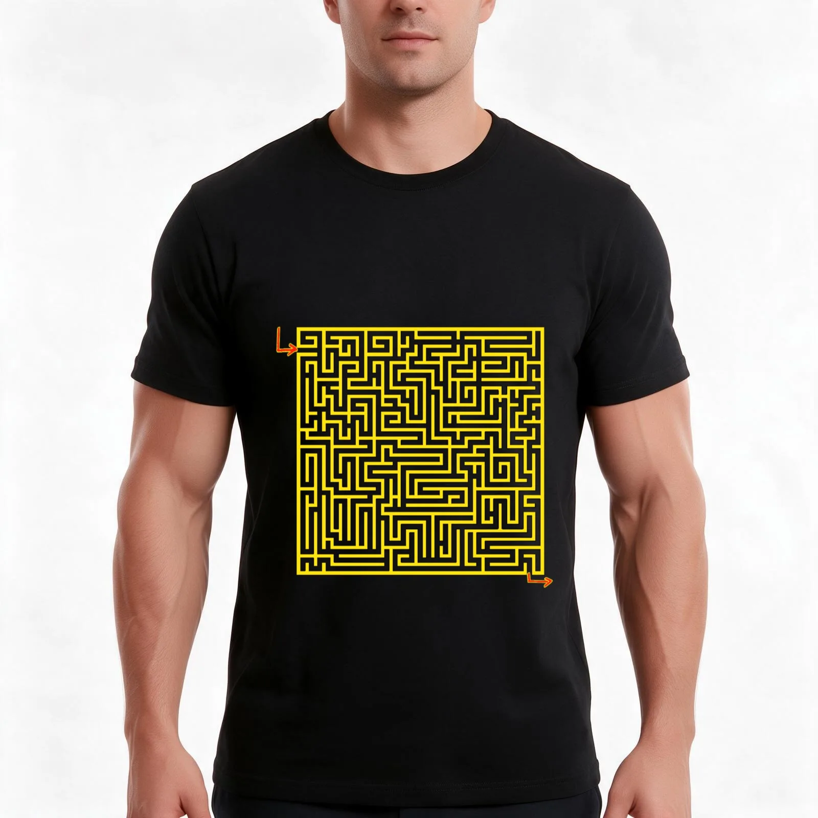 Yellow Labyrinth on Black T-Shirt, Summer Casual Cotton Tee, Oversized Streetwear Tops, Vintage Graphic Print, Unisex Men Women