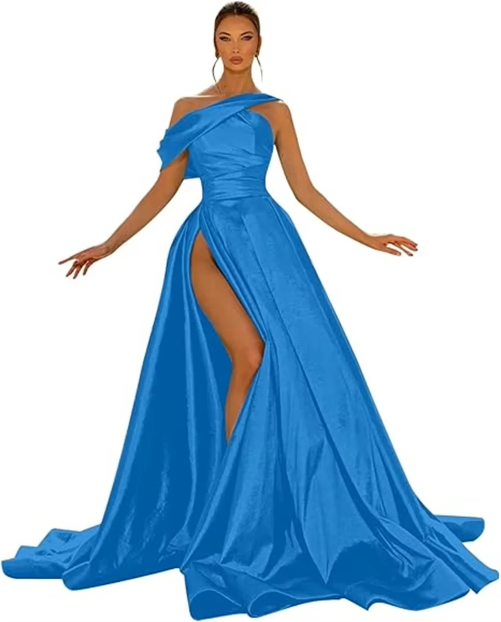 فساتين سهرة زمردية مكشوفة الكتف 2025 من الساتان مطوي برباط على شكل حرف a فتحة جانبية سويب تراين فستان زفاف الضيوف حسب الطلب