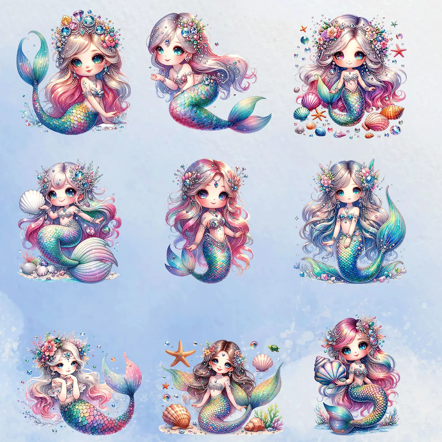 Cute mermaid Sweet Glitter Colorful Creations Iron on Decals Patches for Clothes Firm and Fadeless  Stickers Diy Craft