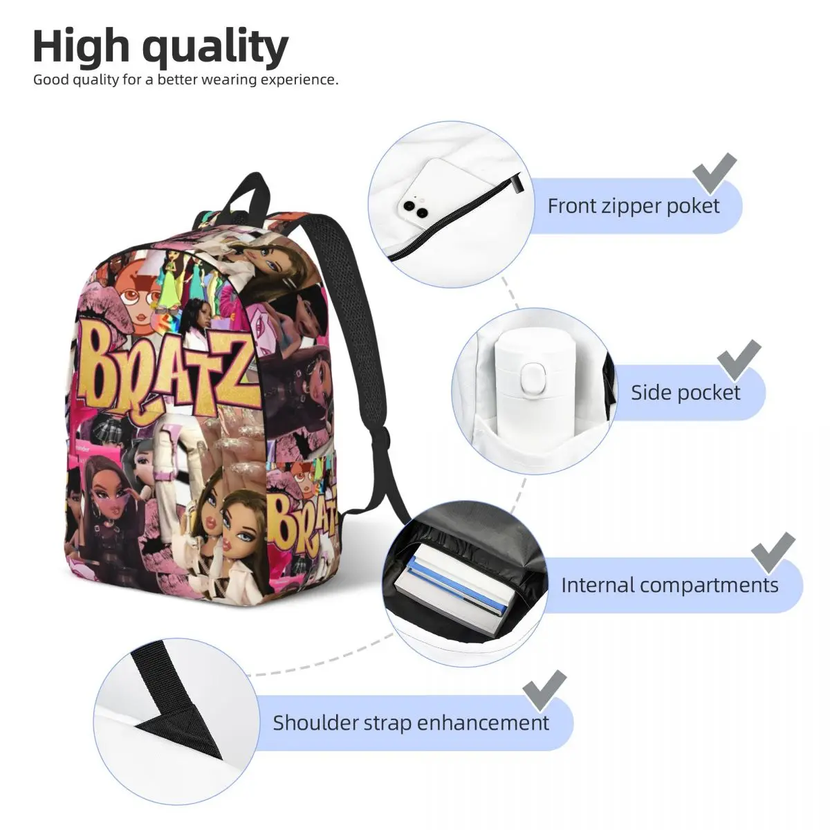 Bratz Asthetic Y2kchildhood Backpack for Preschool Primary School Student Doll Toys Bookbag Boy Girl Kids Daypack with Pocket