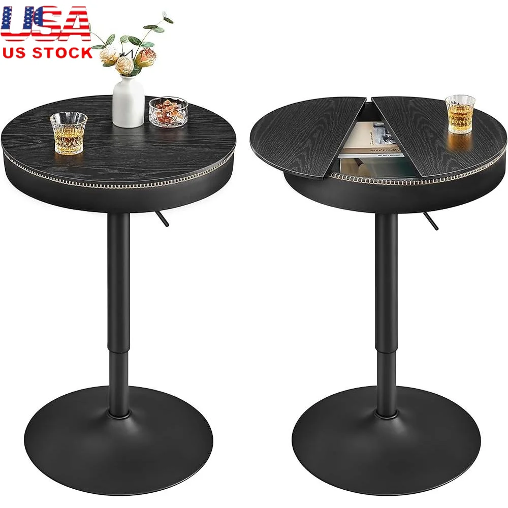 Height Adjustable Bar Table Set of 2 Round Pub Tables with Storage Synthetic Leather Stylish Design Dining Kitchen Living Room