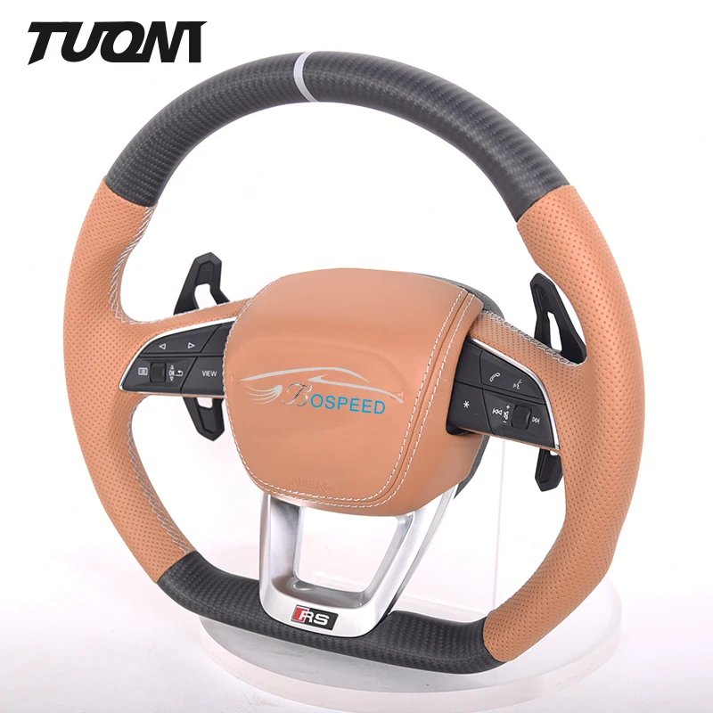 Car Steering Wheel Brown Perforated Leather Carbon Fiber For Audi All Models Q1 Q2 Q3 Q5 Q7 Q8 RS3 RS5 B9 B9.5 SQ5 SQ8