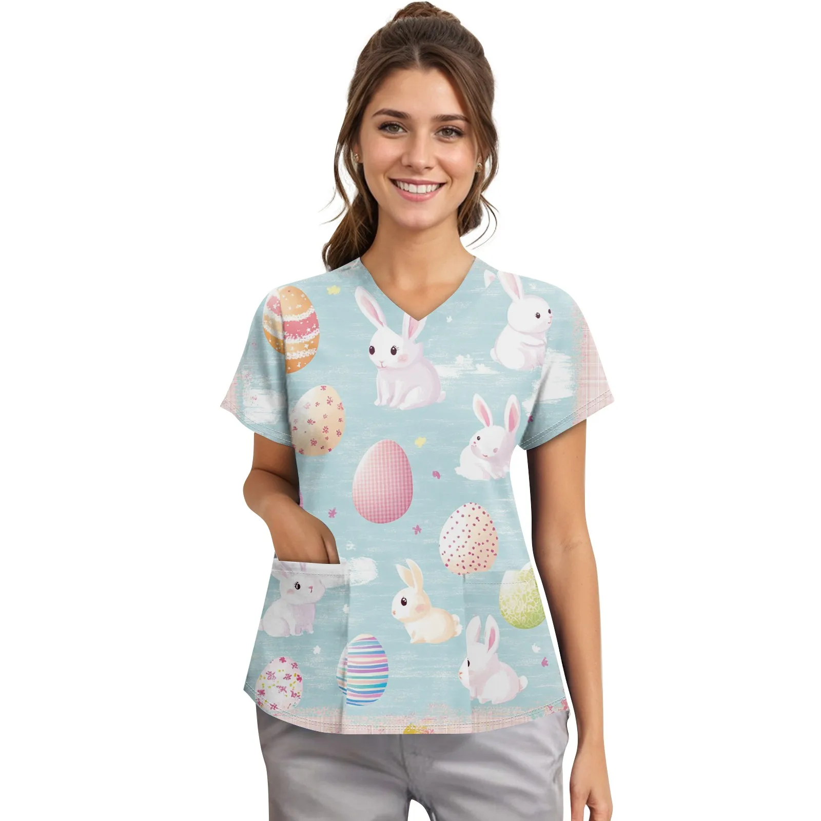 เครื่องแบบผู้หญิงทางการแพทย์ Easter Bunny การ์ตูนพิมพ์สูติศาสตร์พยาบาล V คอสั้นแขนเสื้อ Tees สัตว์เลี้ยง Medical Scrubs สําหรับผู้หญิง