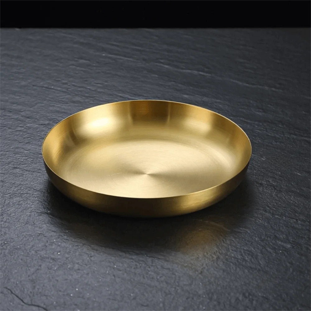 18/20cm Stainless Steel Frying Pan Flat Bottom Golden/Sliver Serving Plate Stackable Comfortable Grip Roasting Cooking Pots