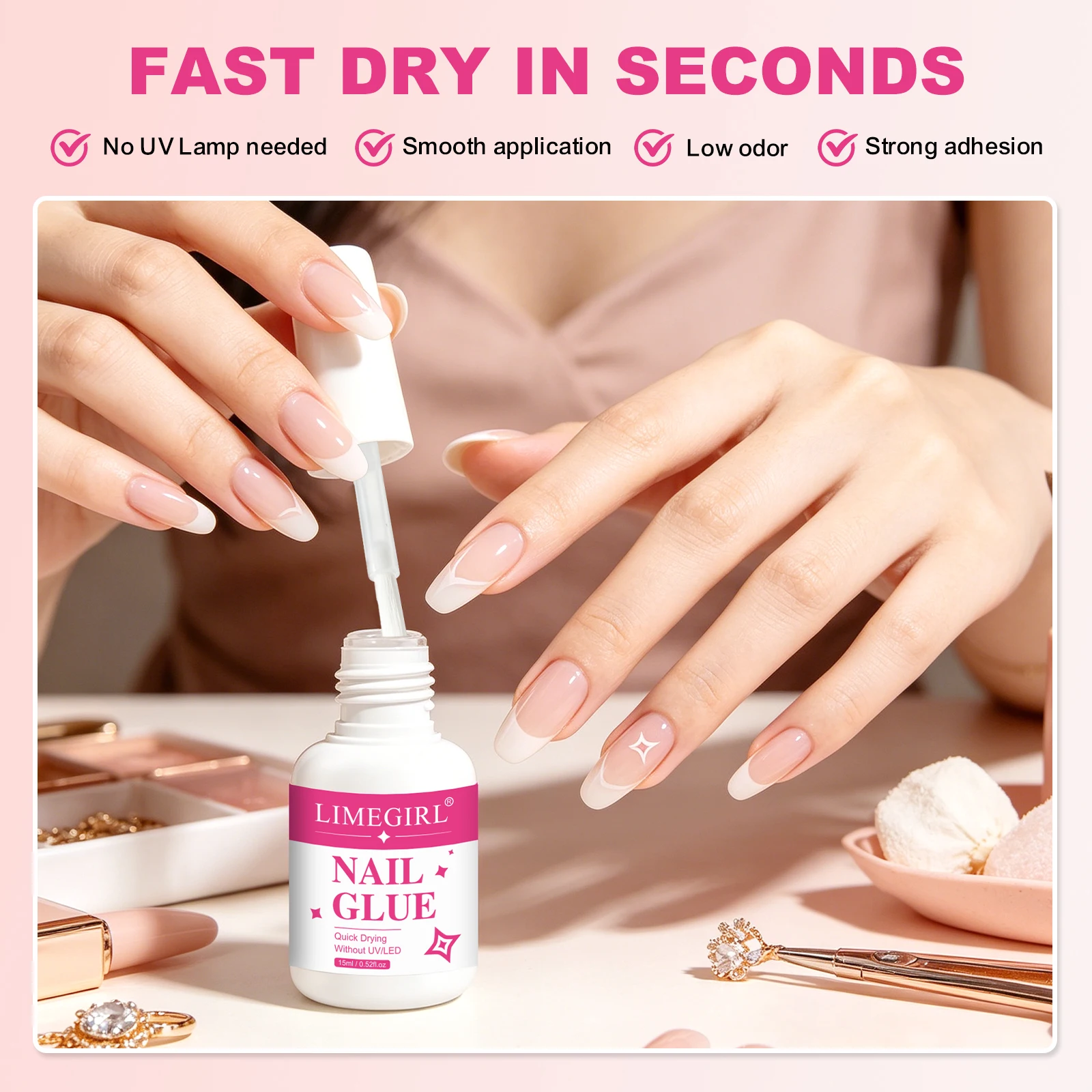 LIMEGIRL 15ml Quick Drying Nail Glue No Need for UV LED Glue Rhinestone Charms Acrylic Tips Bond Nail Repair Brush-on Nail Glue