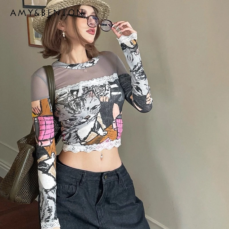 

American Retro Sweet Cool Animal Print Women's Mesh T-Shirt Autumn New Sweet Lace Splicing Stretch Long Sleeve T-Shirts Girl