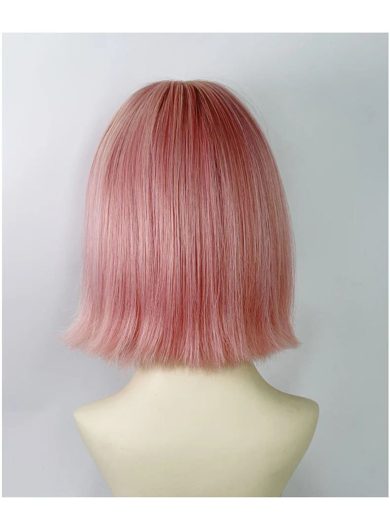 GAKA Short Curly Pink Bob Synthetic Role Play Wig For Women Silver Natural Heat Resistant Hair With Fringes Full Head Covering