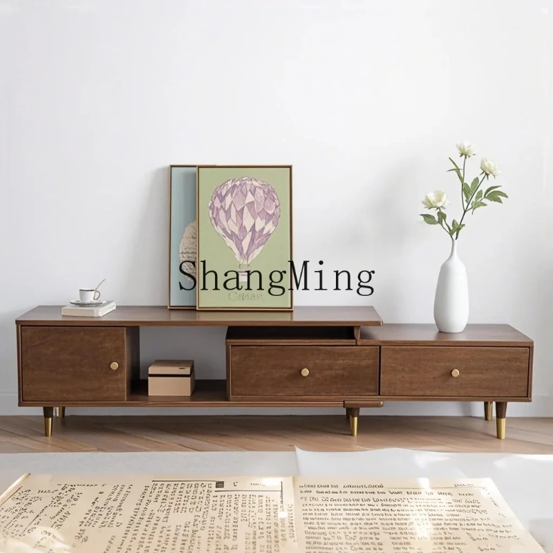 

SM solid wood retractable TV cabinet modern simple light luxury walnut floor cabinet small apartment coffee table combination