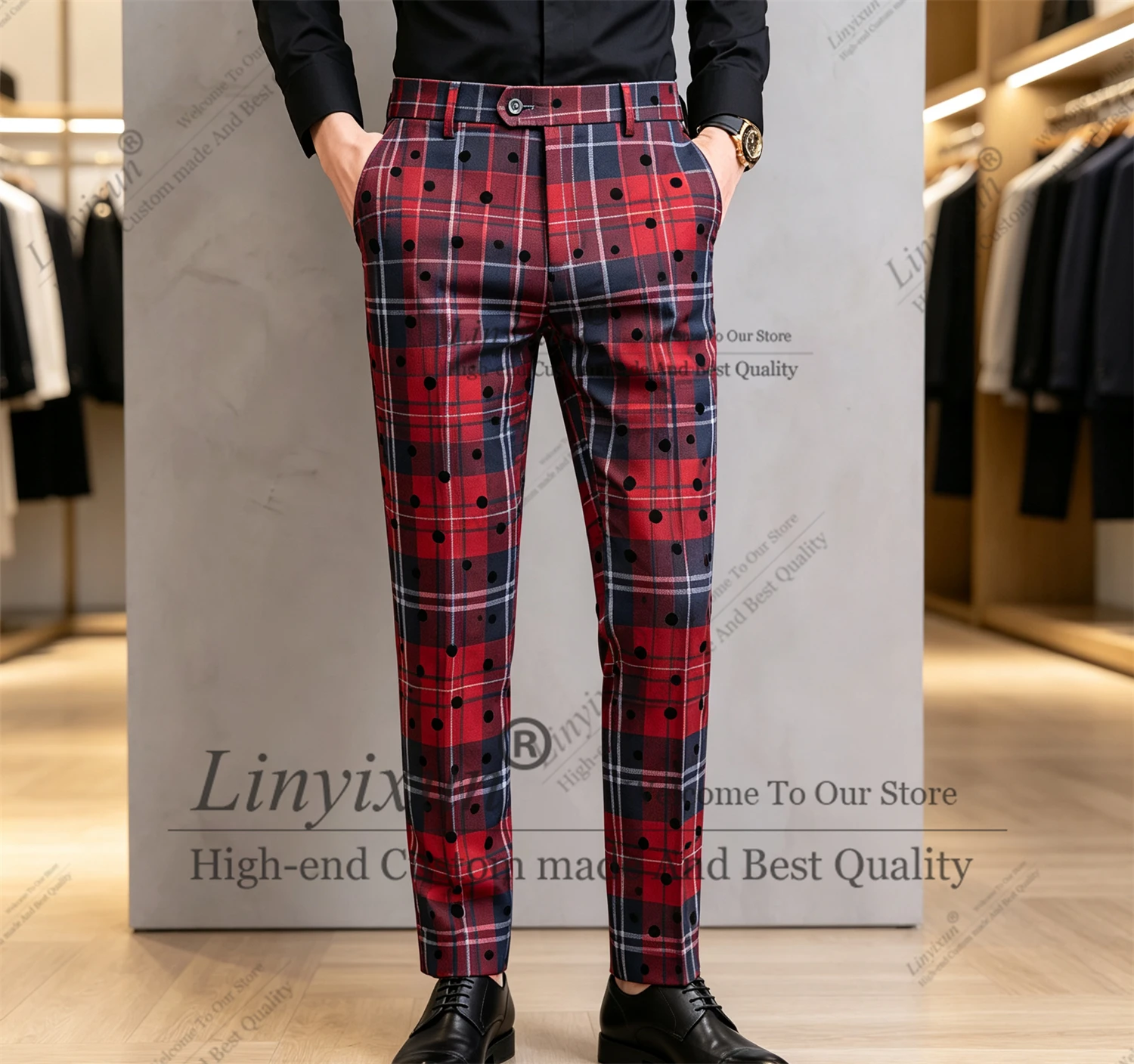Formal Pants Men Stripe Plaid Business Pants Slim Business Casual Ankle‑Length Trousers Customized The latest version of party