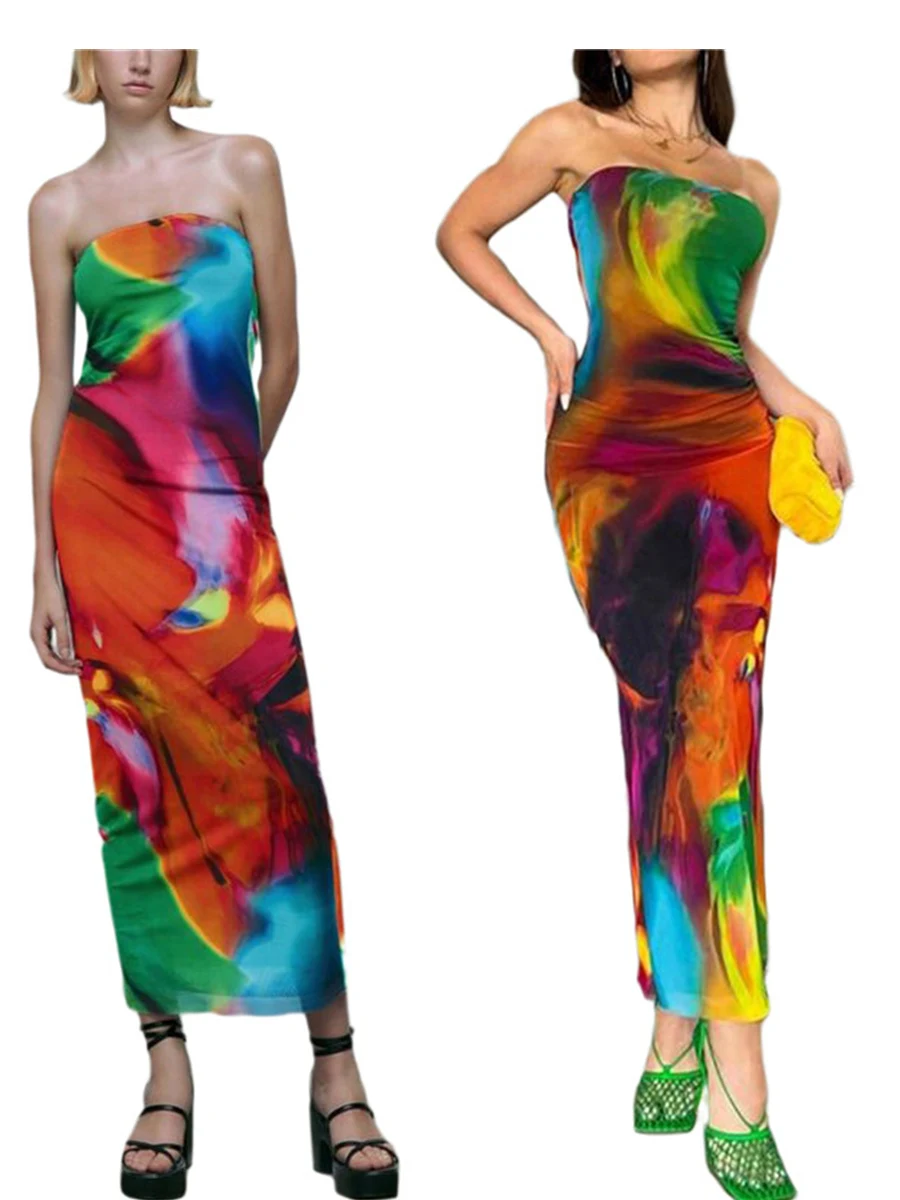

Women Off Shoulder Mesh Long Dress Summer Tie-dye Strapless Sleeveless Backless Bodycon Tube Party Dress Beach Streetwear Y2K