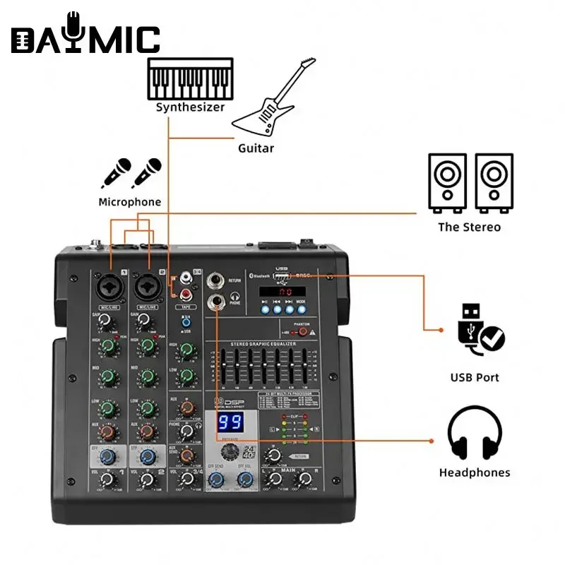 Mixer audio USB professionale a 4 canali BT con DSP OTG per console mixer audio audio DJ Micro Record Live Studio