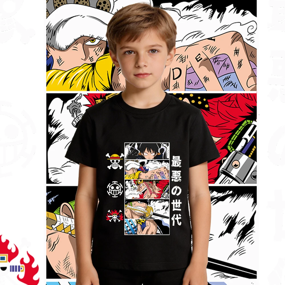One Piece Charaktere Anime-Print-T-Shirt für Kinder, Baumwolle, kurzärmeliges Hemd, Jungen und Mädchen, Sommerkleidung, lässiges, weiches Oberteil