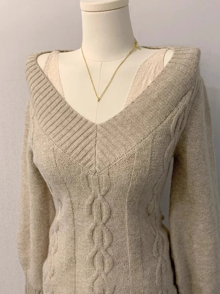 قطعتين الدانتيل الخامس الرقبة البلوزات Mujer 2024 الخريف جديد بلوفر مغزول Y2k سليم تيشيرت ضيق كم طويل أسود بلايز Womenj