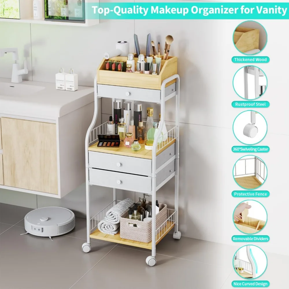 Floor Makeup Organizer with Drawers and Wheels - Skincare Vanity Storage for Cosmetics, Brushes, Perfume