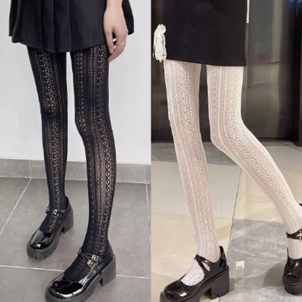 1 Pair Black White Lolita Vintage Hollow Out Pantyhose Sculpted Mesh Women Stockings For Dress