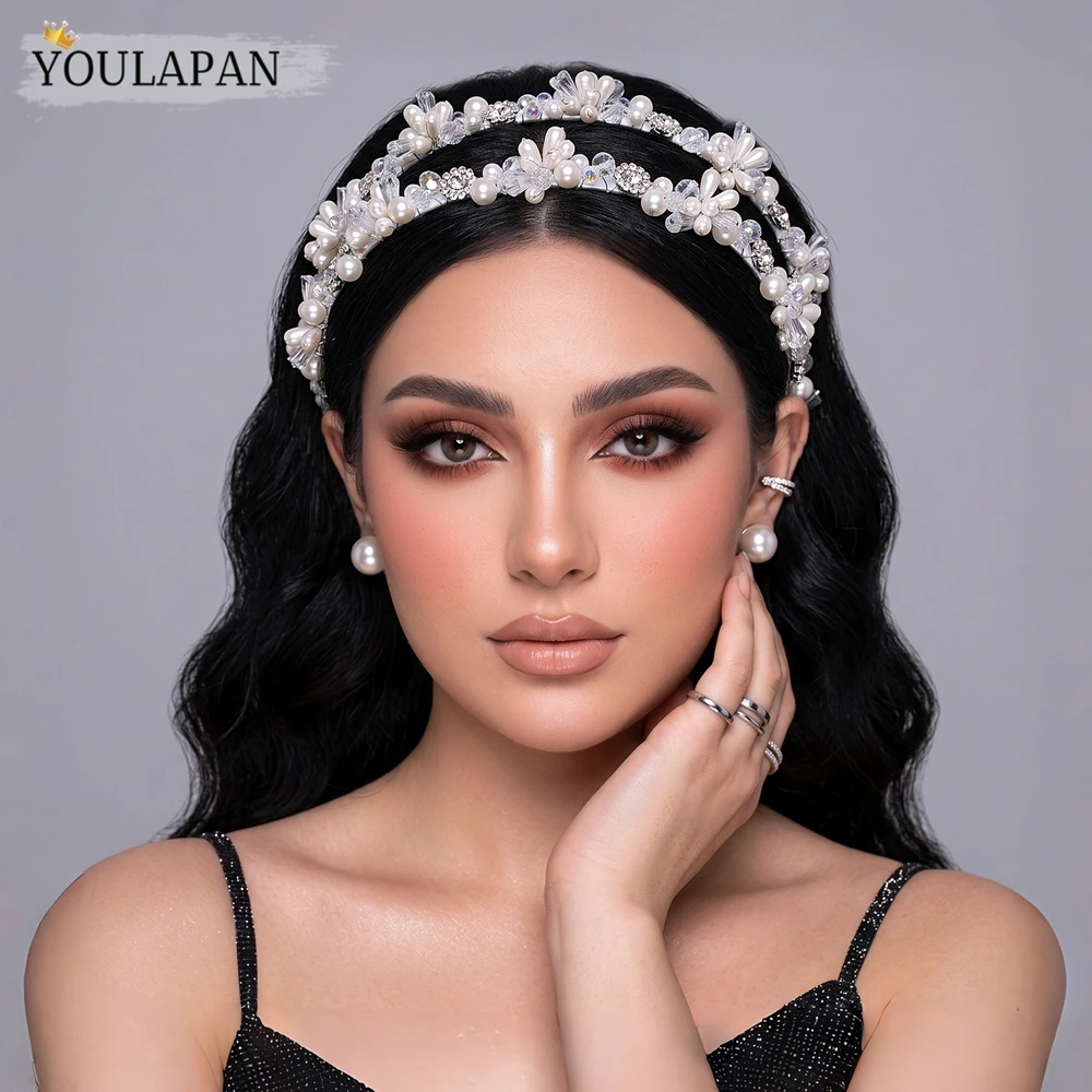 HNCCX Elegant Pearl Bridal Headband Sparkling Rhinestone Double Row Design Women's Hair Hoop Wedding Hair Accessories A307