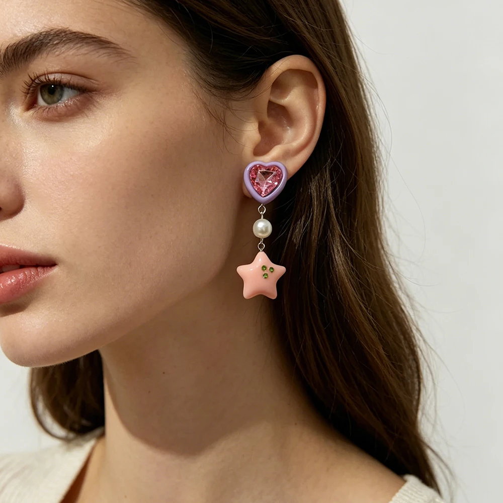 New Cute Love Heart Drop Earrings For Girls Trendy Lovely Acrylic Resin Pearls Star Shaped Dangle Earrings Accessories