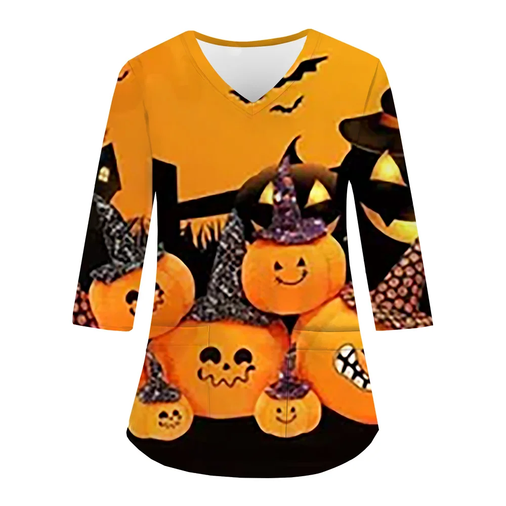 Mulheres Halloween Abóbora Sanitária Uniforme Mulher Imprime V-Neck 3/4 Manga Bolsos Enfermagem Scrubs Tops Uniforme de Trabalho Clínica Uni