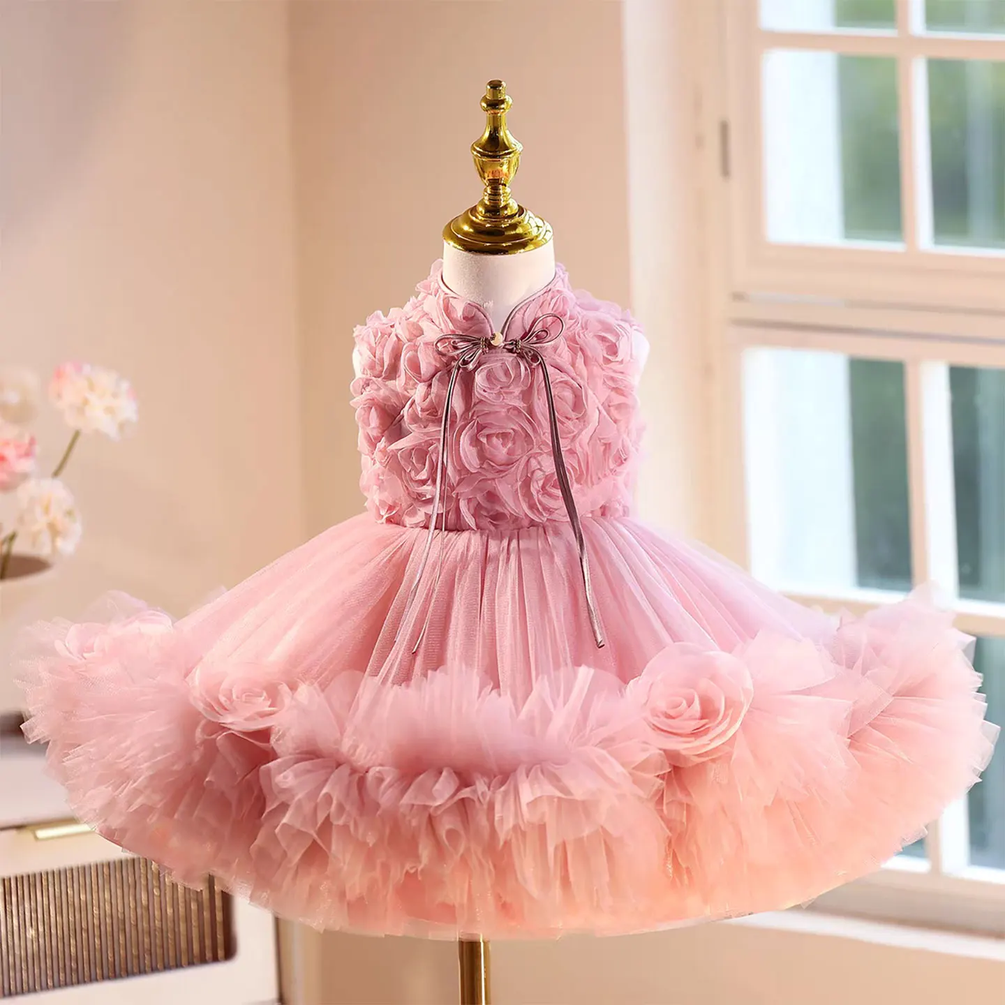 

Pink Toddler Formal Dress Halter Neck Sleeveless 3D Floral Tulle Puffy Skirt Bow Accent For Birthday Wedding