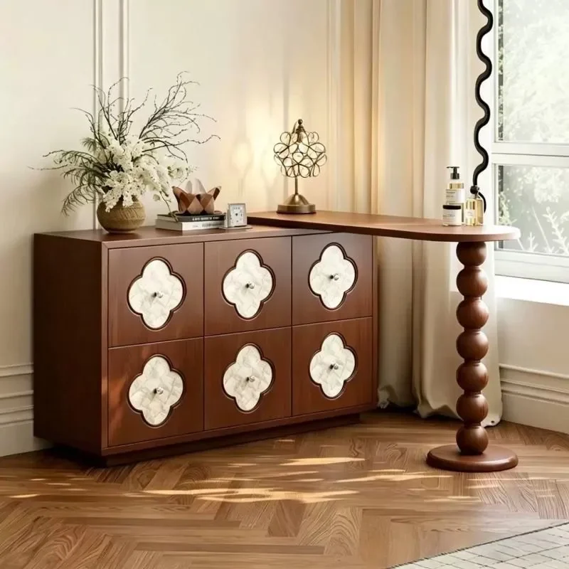 Retro Solid Wood Makeup Table Dresser with Storage Chest American Medieval Style Bedroom Vanity Desk Integrated Bedside