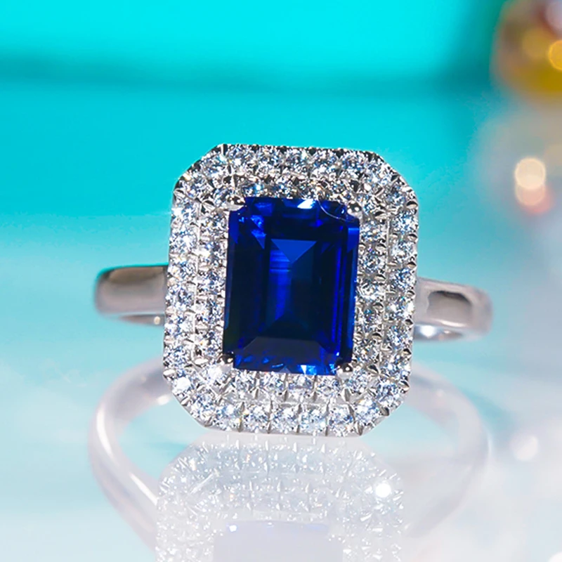 

QINHUAN Luxury 2 Carat Blue Sapphire Ring S925 Sterling Silver with 18K Gold Plated for Women Fine Jewelry Wedding Party Banquet