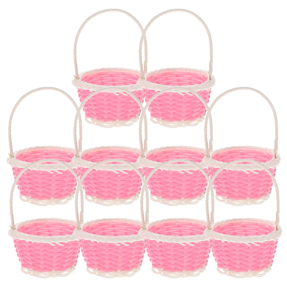 10 Pcs 등나무 쇼핑 바구니 핑크 햄퍼 어린이를위한 미니 피크닉 작은 짠 작은 플라스틱 미니어처 공예 어린이 선물 빈