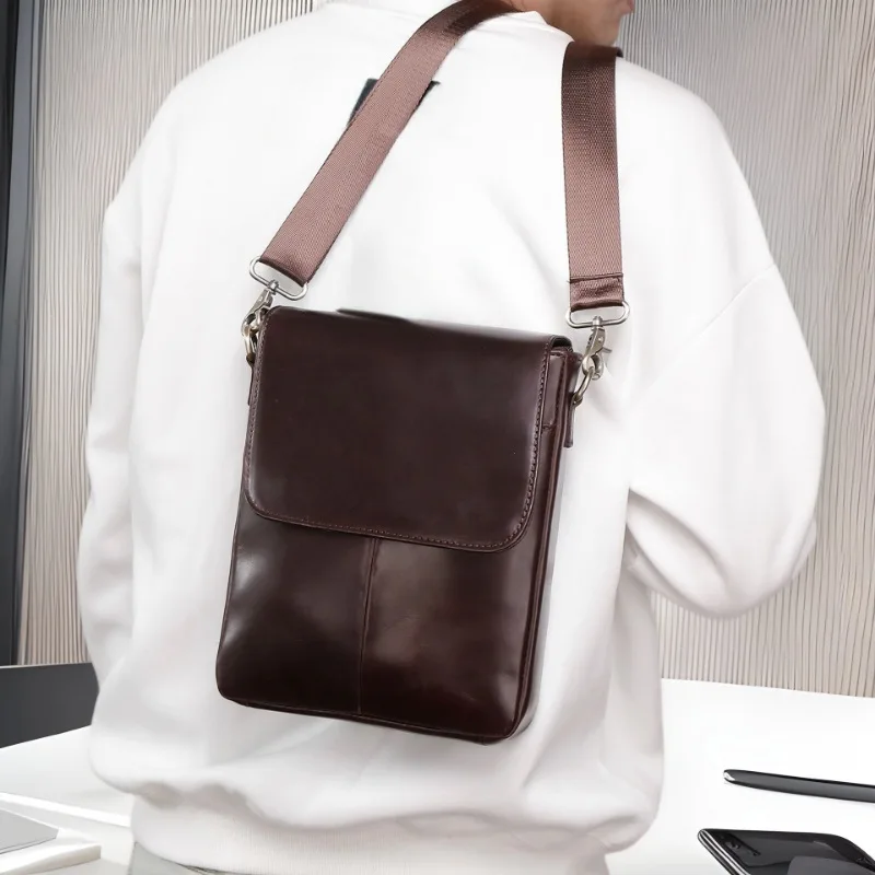 2025 Men's Professional Full-Grain Cowhide Vertical Messenger Bag Business Fashion Flap-Over Crossbody Bag