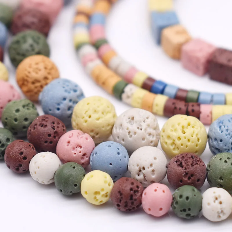 4 6 8 10mm Volcanic Lava Natural Stone Beads Colorful Round Cube Space loose Bead For Jewelry Making DIY Bracelet Necklace