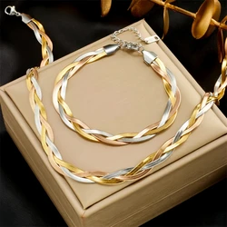Fashion Charm Titanium Steel Bracelet Necklace Set Three Color Handwoven Chain Jewelry Party Accessories