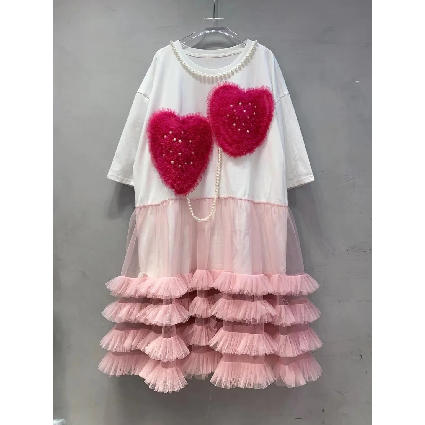 Chic Love Mesh emendado Ruffles T-shirt Vestido, Pérolas, Cadeia frisada, Borlas Gaze, Plissado Patchwork Tees, Jumpers Tops