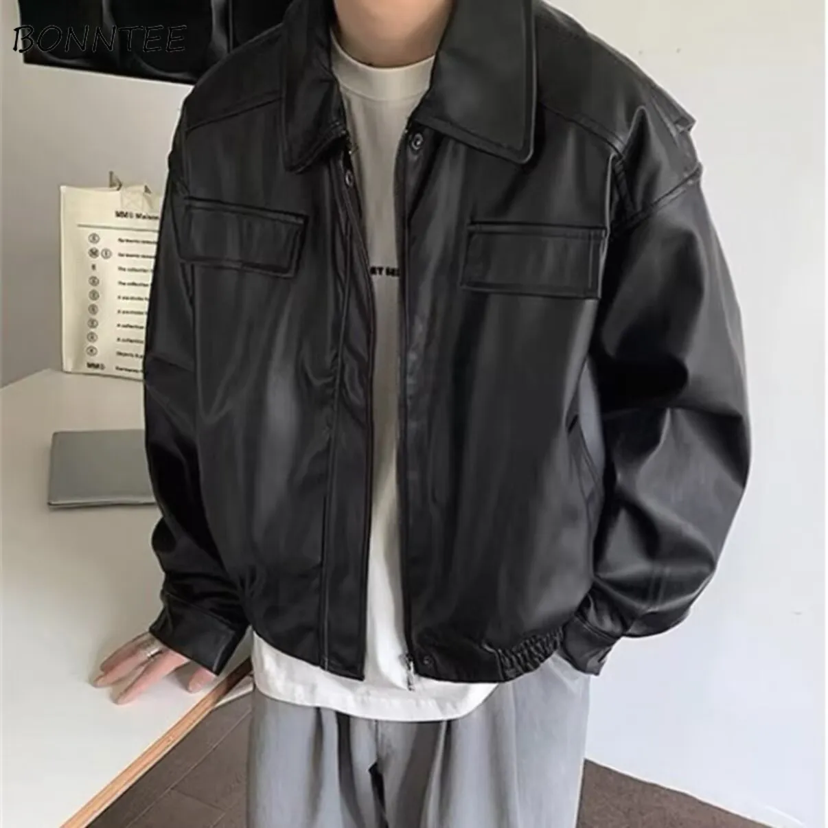 

Leather Jacket Men Simple Vintage Personality American Fashion Moto Outwear Stylish Spring Autumn Classic Chamarras For Men