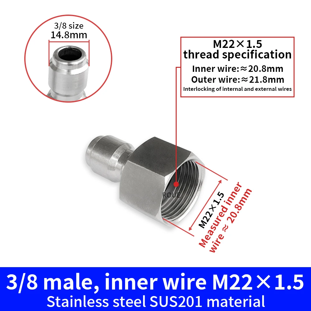 

High Pressure Washer 3/8 Inch Quick Plug Connector To Water Gun Hose Stainless Steel Adapter