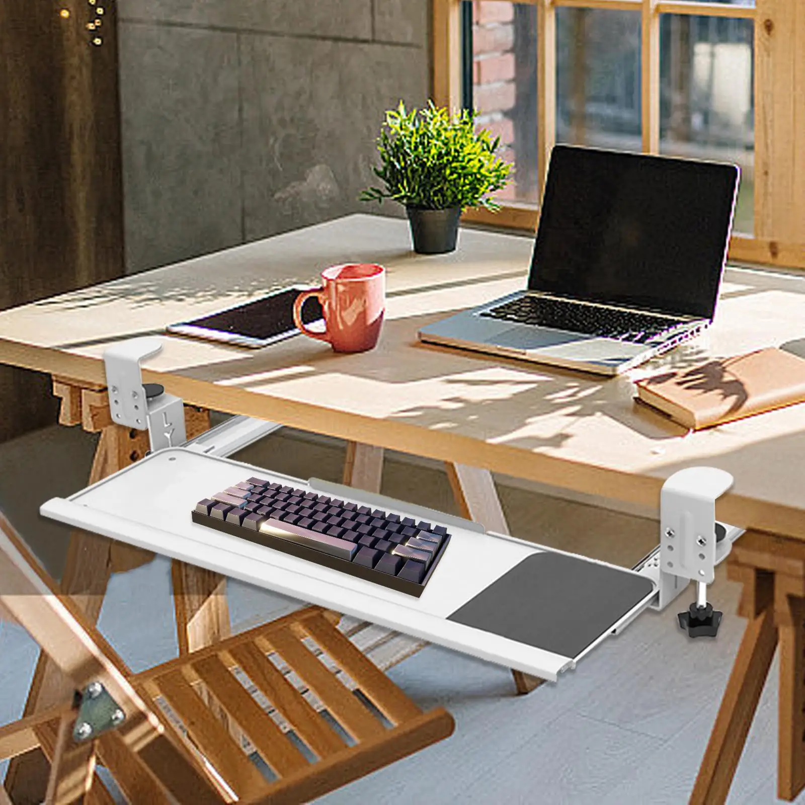under Desk Slider Tray C-shaped Clamp Mount Quiet Universal Extra Long Slide-out Platform for Home Relieve Sedentary Stress