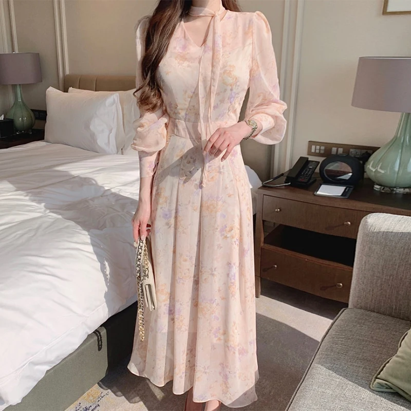 Ele Spring Floral Print Chiffon Dr mit Gürtel Bubble Sve V-Ne Long Dr Korean Sle High Waist Long Rock