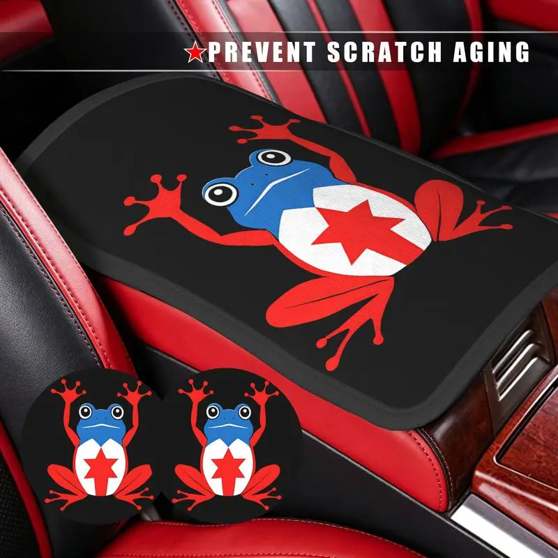 1Pc Car Armrest Cover + 2Pcs Cup Coasters Set With Star Frog Print, For Car Interior Protection And Decoration.