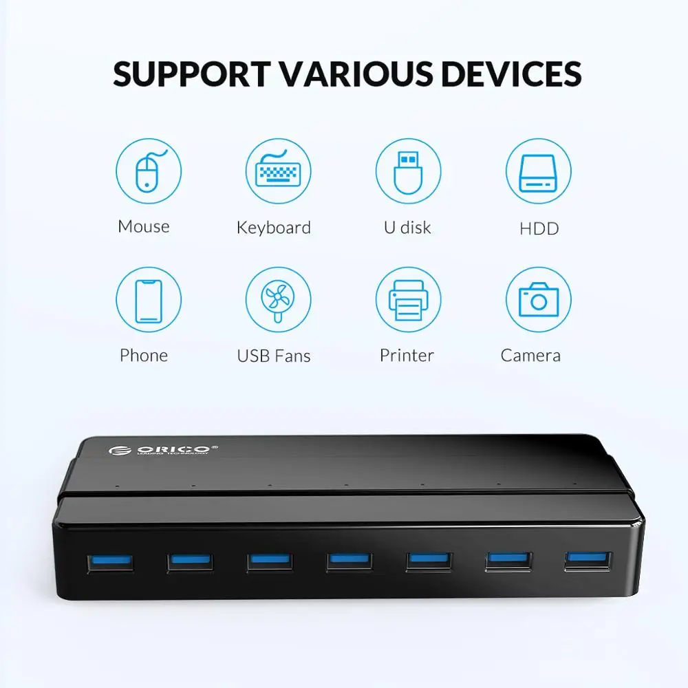 Imagem -05 - Orico Portas Usb 3.0 Hub de Alta Velocidade com 12v Adaptador de Energia Usb Divisor Otg Adaptador para Desktop Computador Portátil Acessórios Hub Usb tipo c Dock Station Acessórios para pc Extensor Usb