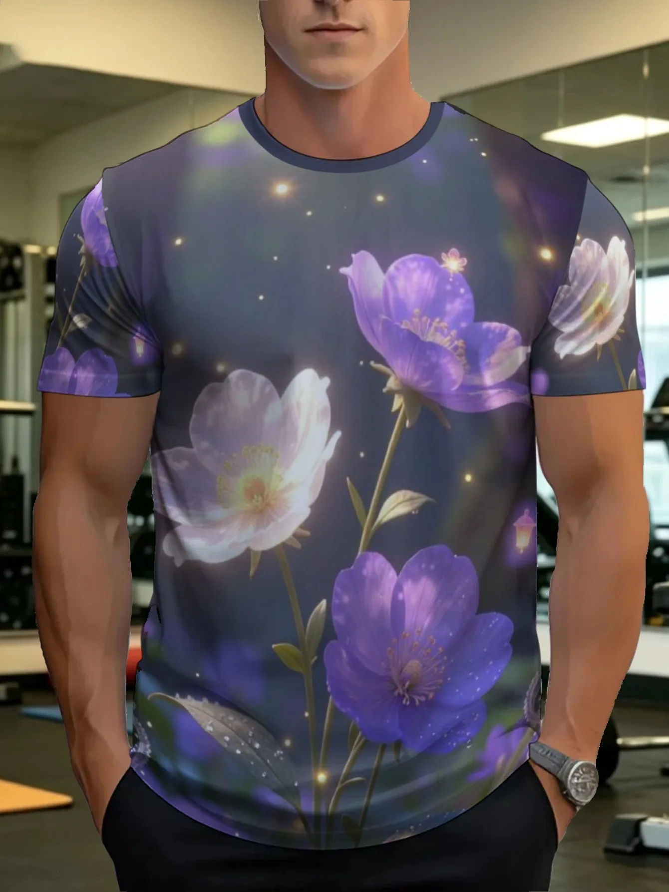 Men Glowing Purple White Floral Print Crew Neck T Shirt Dark Background Sparkle Short Sleeve Casual Tops