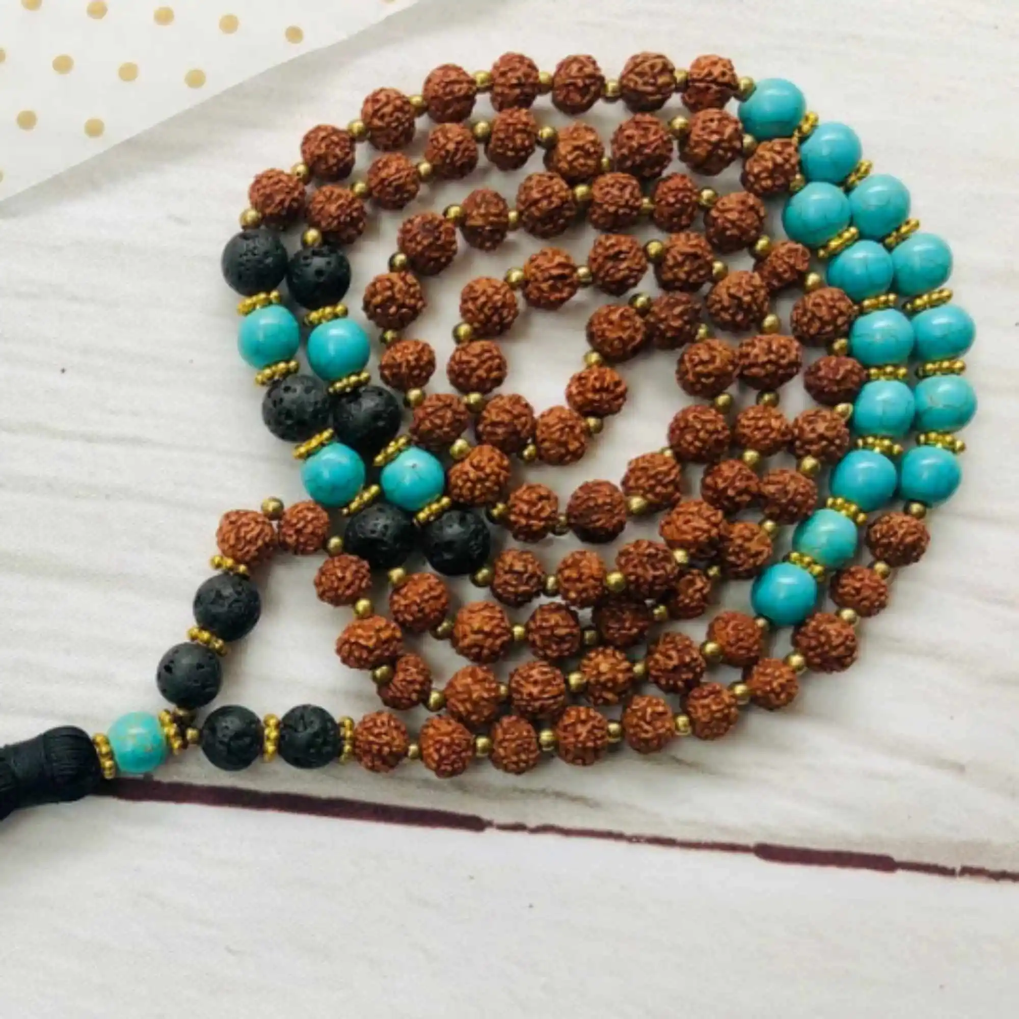 

8mm Natural knot Rudraksha turquoise lava beads necklace zazen Chain Handcrafted Diy Natural stone Seven Chakras Wrist Prayer