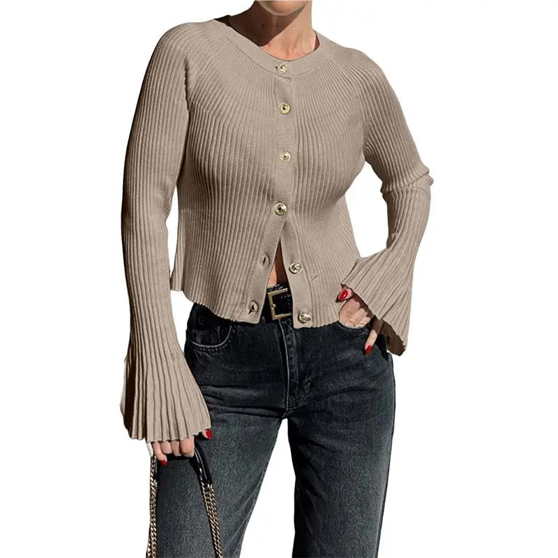 

A54K-Women Trendy Crew Neck Ribbed Knit Crop Bell Long Sleeve Open Front Button Down Sweater Shirt Fall Outfit