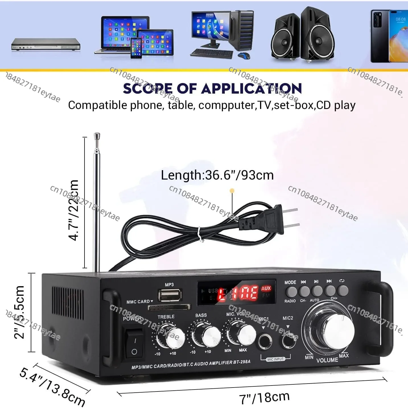 

Mini small power amplifier, speaker power amplifier, card U disk radio 12V220V Bluetooth power amplifier BT-298A