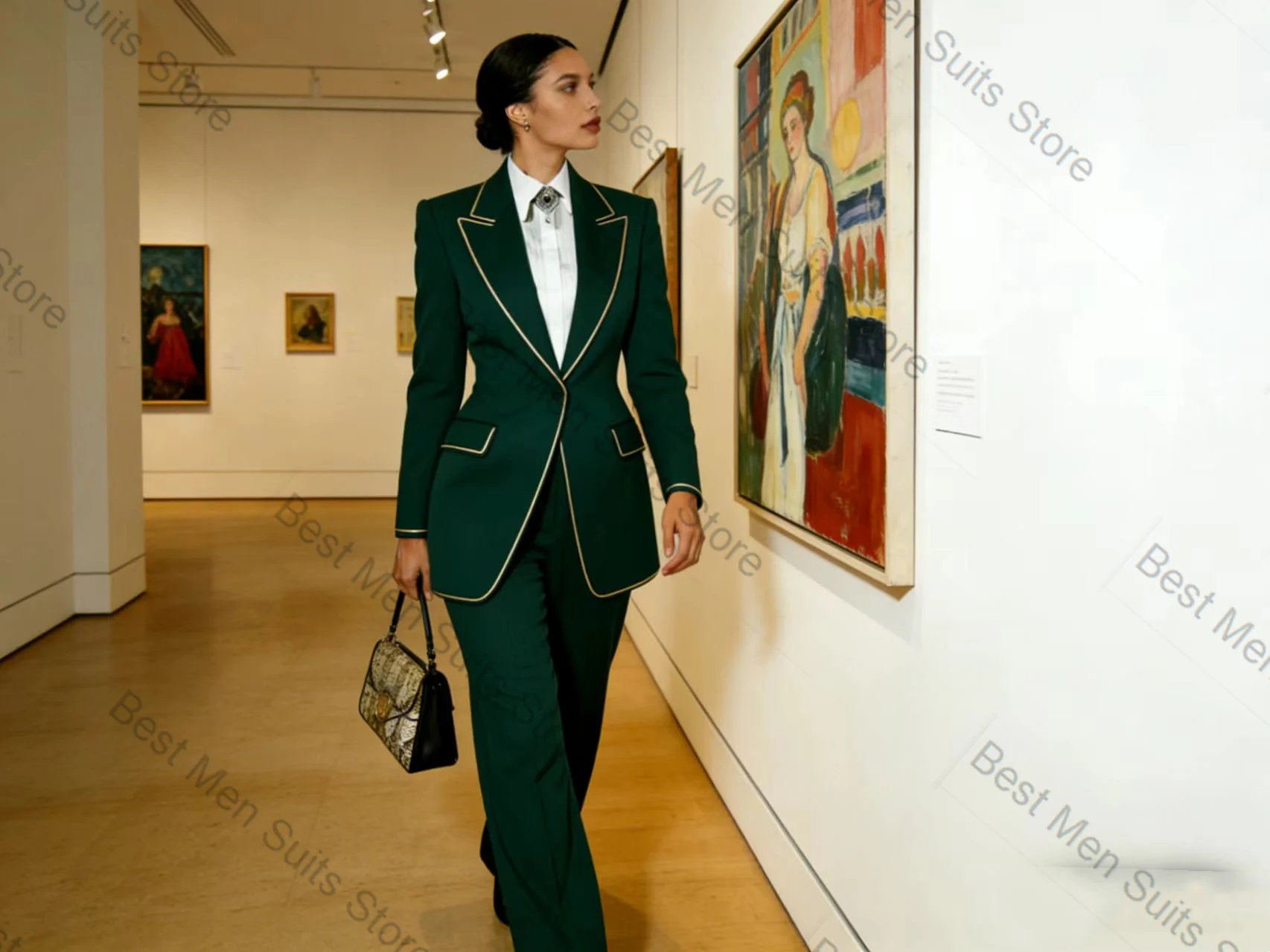 

Spring Green Women Suit Set 2 Pcs Blazer Pants Trousers Cotton Formal Office Jacket Customized Wedding Tuxedo Guest Coat