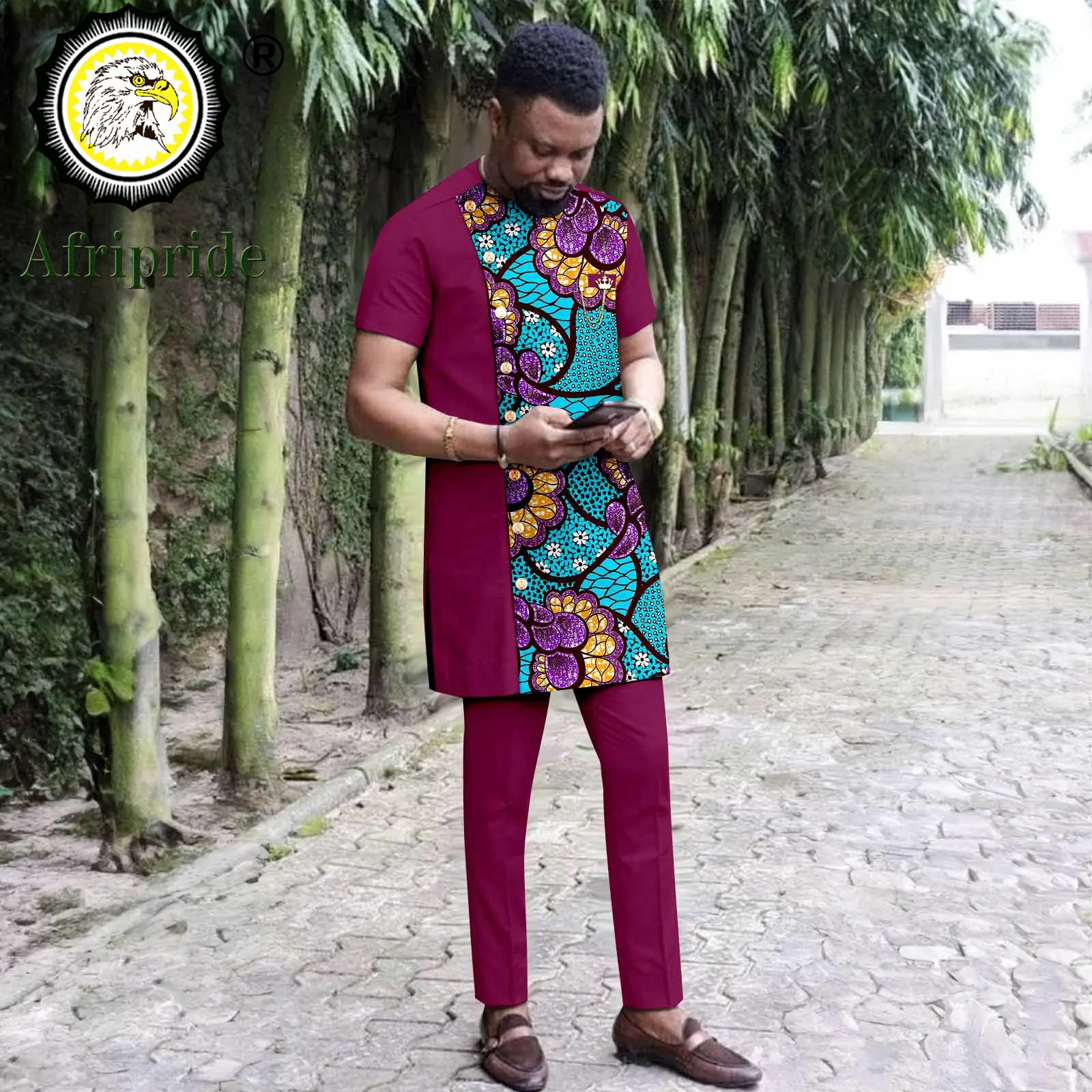 African Clothes for Men Tracksuit Single Breasted Tops and Pants 2 Piece Set Print Blouse with Chains Formal Wear 2416037