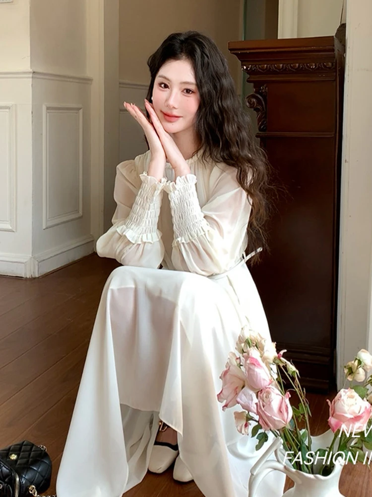 Ropa de mujer de gasa lisa con cuello redondo ajustado vestido largo acampanado elegante señora moda fiesta graduación Vestidos Fiesta bata Casual otoño nuevo