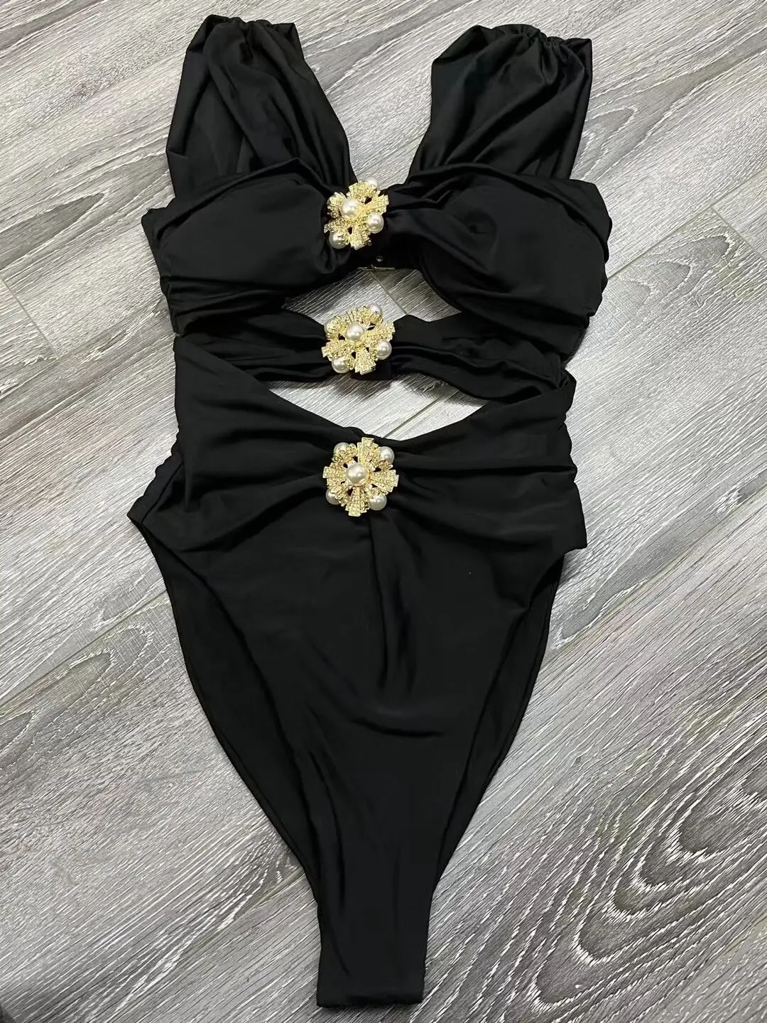 Women's neck hanging diamond hollowed out Baroque black retro triangular jumpsuit bikini