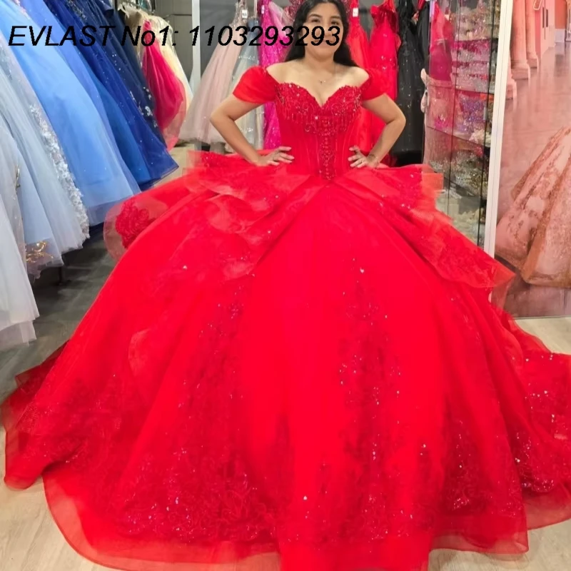 

EVLAST Индивидуальное блестящее красное бальное платье Quinceanera Платье с кружевной аппликацией и бисером Многоуровневый корсет Sweet 16, Vestidos De 15 Anos E1QN136