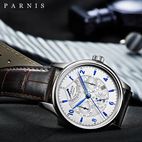 Parnis 43mm automatisk mekanisk herrklocka månfas gångreserv Miyota 9100 urverk silver rostfritt stålarmbandsur 10 best sales Parnis månfas - №5
